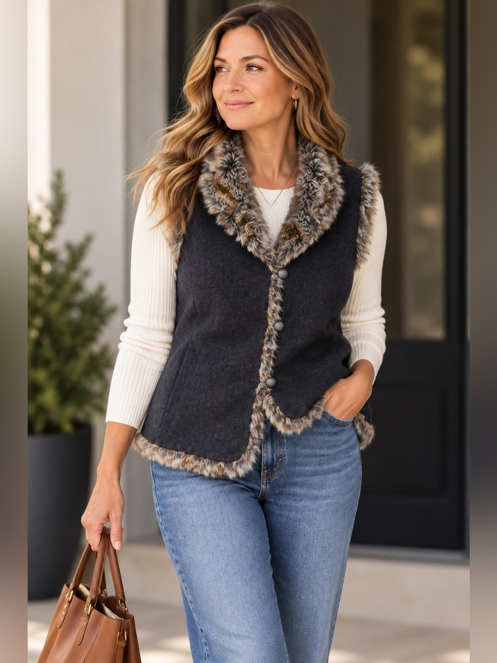 J JILL | Faux Fur Trim Vest